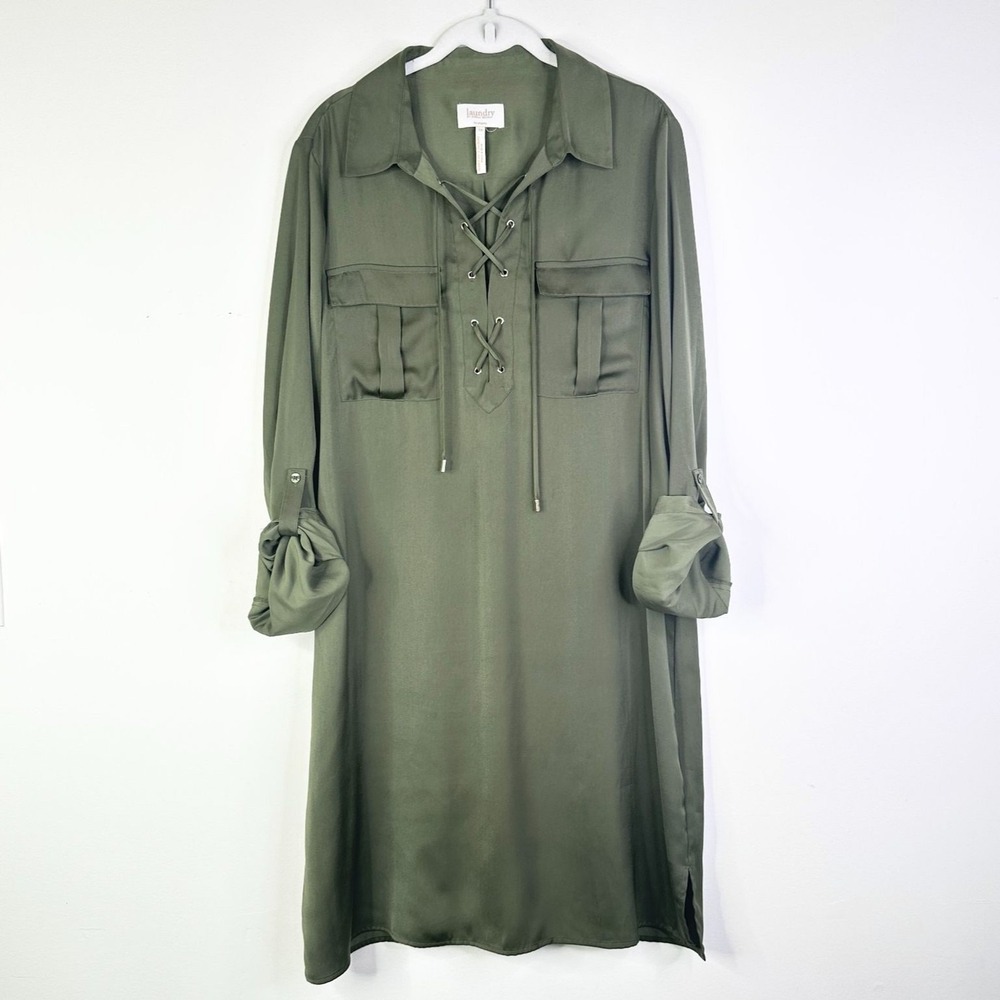 Laundry Shelli Segal Dress Women L Olive Green Lace Up Utility Roll Tab Slv NWOT - Picture 1 of 8